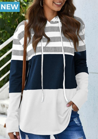 Drawstring Stripe Print Long Sleeve White Hoodie