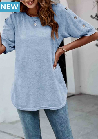 Decorative Button Light Blue Round Neck T Shirt