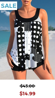 Polka Dot Geometric Print Black Tankini Top