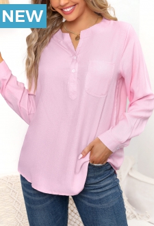 Quarter Button Pink Pocket Split Neck Blouse