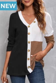 Black Contrast 3/4 Sleeve V Neck T Shirt