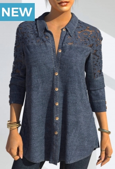 Denim Lace Stitching Blue Button Up Blouse