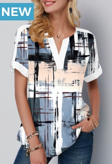 Graffiti Print Split Neck Short Sleeve Blouse