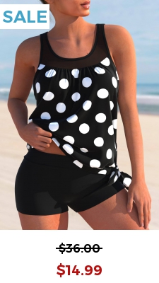 Mesh Stitching Black Polka Dot Tankini Top