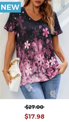 Floral Print Pink V Neck T Shirt