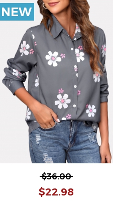 Grey Floral Print Turndown Collar Blouse