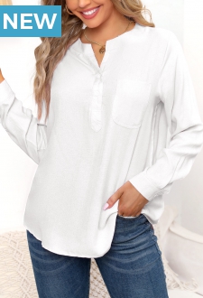 White Pocket Long Sleeve Split Neck Blouse
