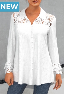 White Lace Stitching Turndown Collar Blouse