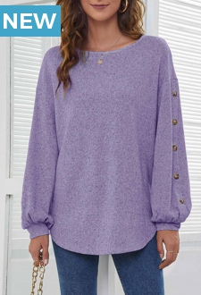 Decorative Button Long Sleeve Purple T Shirt