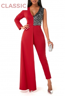 Sequin Contrast V Neck One Shoulder Jumpsuit