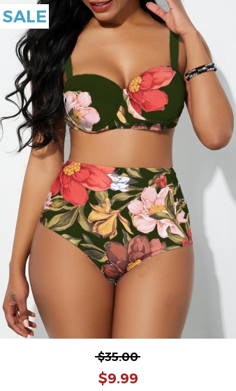 Spaghetti Strap Floral Print High Waist Bikini Set