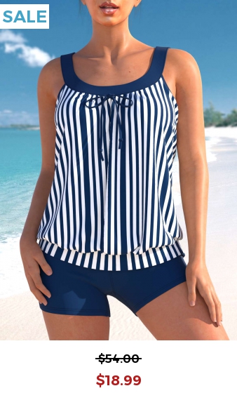 Blue Bowknot Striped Wide Strap Tankini Set