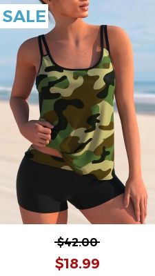 Camouflage Print Mid Waist Tankini Set
