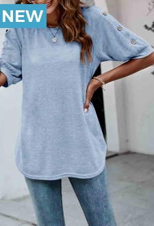 Decorative Button Light Blue Round Neck T Shirt