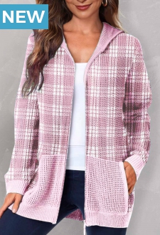 Pink Tartan Print Zipper Closure Hoodie