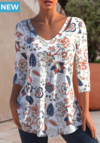 Tribal Print White 3/4 Sleeve T Shirt