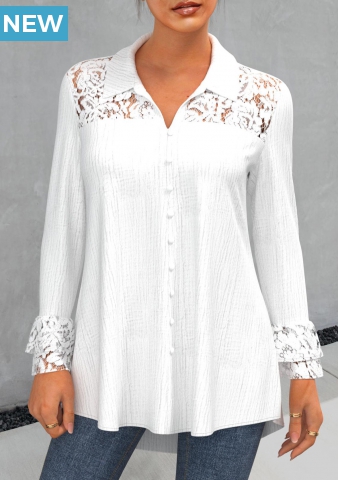 White Lace Stitching Turndown Collar Blouse