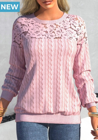 Pink Lace Patchwork Long Sleeve Round Neck Sweatshirt