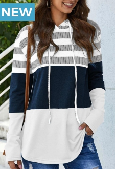 Drawstring Stripe Print Long Sleeve White Hoodie