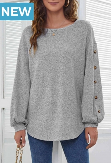 Decorative Button Long Sleeve Light Grey T Shirt