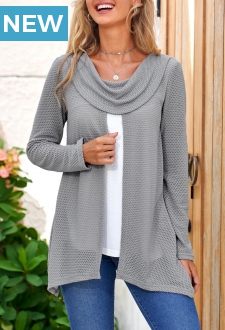 Cowl Neck Contrast Faux Two Piece Grey Sweatshirt