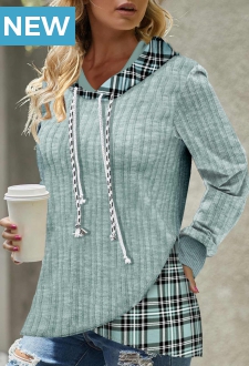 Light Green Cross Hem Tartan Print Hoodie