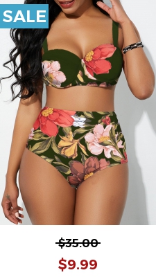 Spaghetti Strap Floral Print High Waist Bikini Set