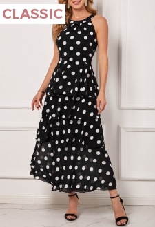Polka Dot Layered Hem Bib Neck Black Dress