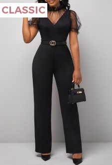 Black Mesh Stitching Puff Sleeve Jumpsuit