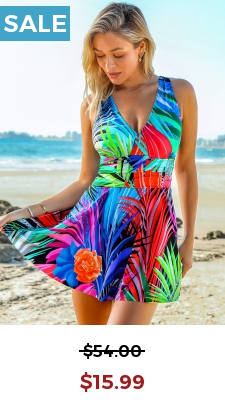 Tropical Print Criss Cross Back Swimdress and Shorts
