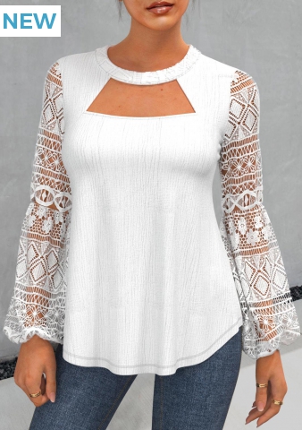 White Lace Patchwork Long Sleeve Round Neck Blouse