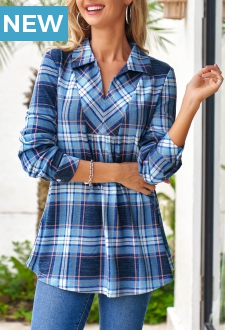 Turndown Collar Plaid Fold Long Sleeve Blouse