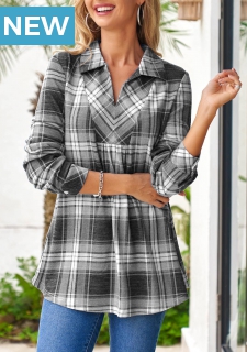 Grey Tartan Print Long Sleeve Shirt Collar Blouse