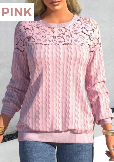 Pink Lace Patchwork Long Sleeve Round Neck Sweatshirt