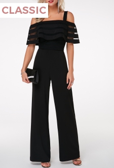 Strappy Cold Shoulder Ruffle Overlay Black Jumpsuit