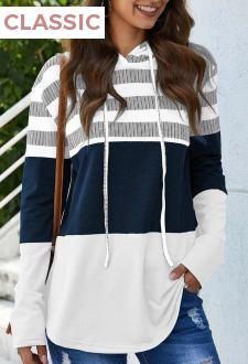 Drawstring Stripe Print Long Sleeve White Hoodie
