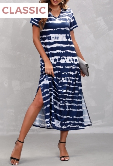 Navy Tie Dye Print Double Slit Dress