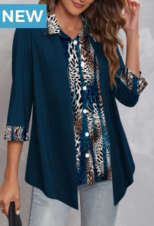 Dark Blue Asymmetric Hem Shirt Collar Blouse