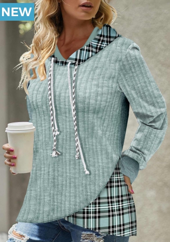 Light Green Cross Hem Tartan Print Hoodie