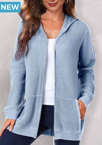 Pocket Zipper Closure Long Sleeve Blue Hoodie