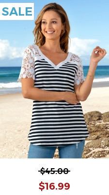 Lace Patchwork Short Sleeve V Neck Striped T Shirt