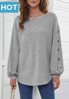 Decorative Button Long Sleeve Light Grey T Shirt