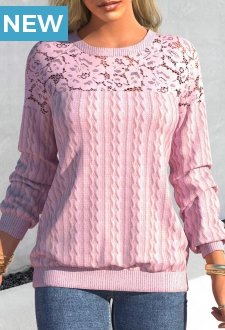 Pink Lace Patchwork Long Sleeve Round Neck Sweatshirt