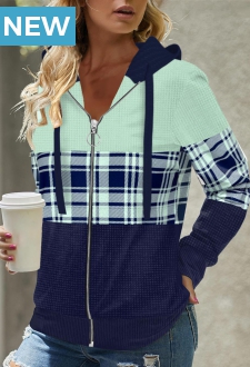 Multi Color Zipper Tartan Print Long Sleeve Hoodie