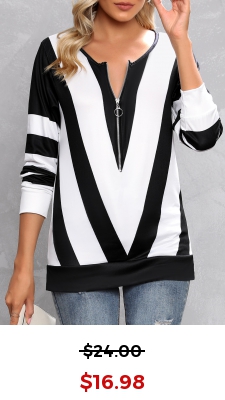 Black Zipper Contrast Color Long Sleeve T Shirt