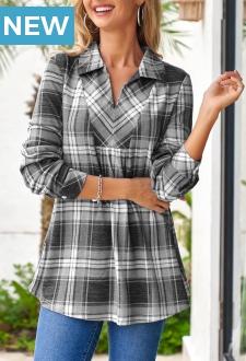 Grey Tartan Print Long Sleeve Shirt Collar Blouse