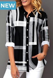 Button Up Turndown Collar Geometric Print Black Blouse