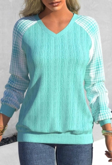 Cyan Tartan Print Long Sleeve V Neck Sweatshirt