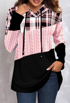 Black Tartan Print Long Sleeve Hoodie