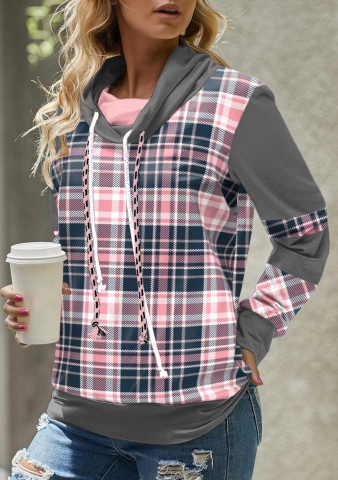 Pink Tartan Print Long Sleeve Cowl Neck Sweatshirt